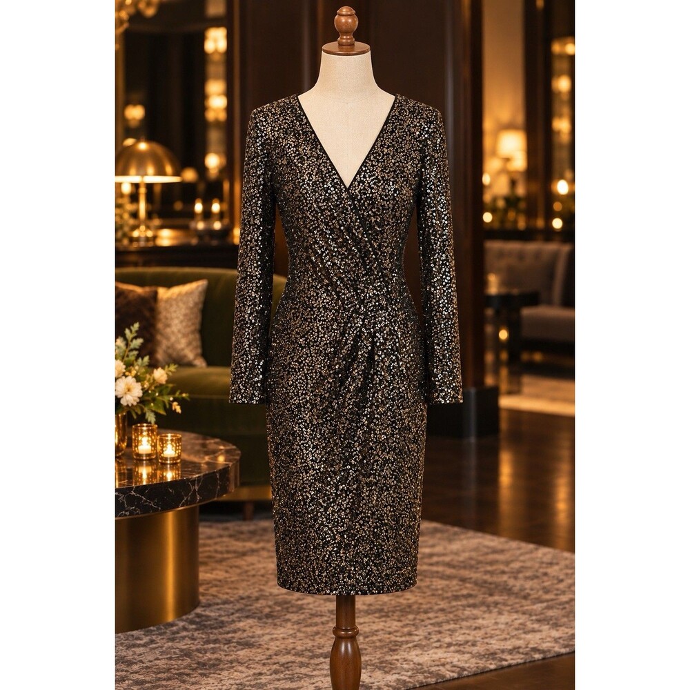Eliza J Black Gold Sequin Faux Wrap Cocktail Dress Size 10 Holiday Party